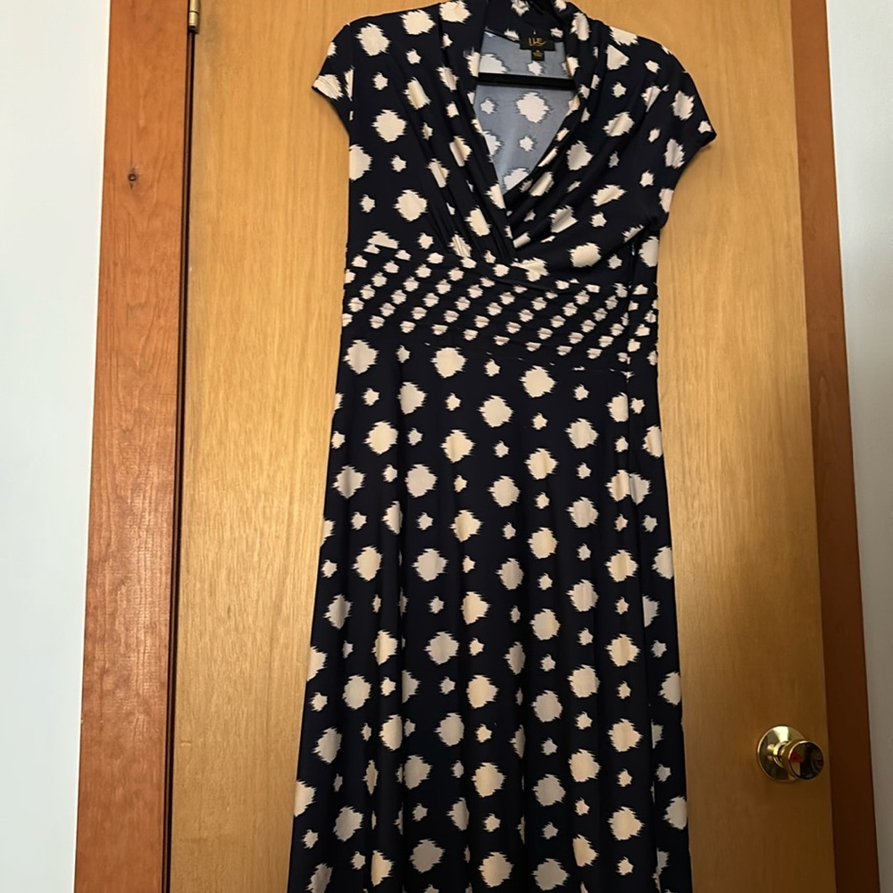 ILE NEW YORK NAVY BLUE BEIGE GEOMETRIC DESIGN PLUS SZ 10 CASUAL PARTY WORK DRESS